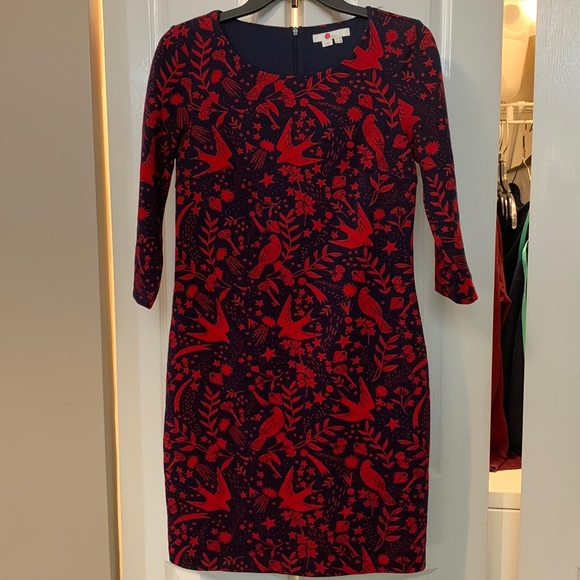 Boden red flying sparrow jacquard knit fitted sweater navy  dress s6P lined - Picture 3 of 12
